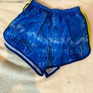Nike Blue and Yellow Athletic Shorts with Tie-Dye Pattern DriFit